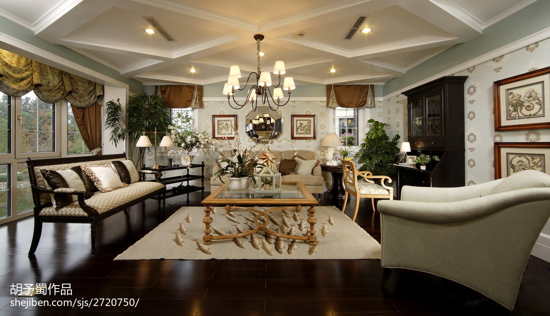 美式田園風(fēng)格客廳吊頂裝修設(shè)計與效果圖賞析